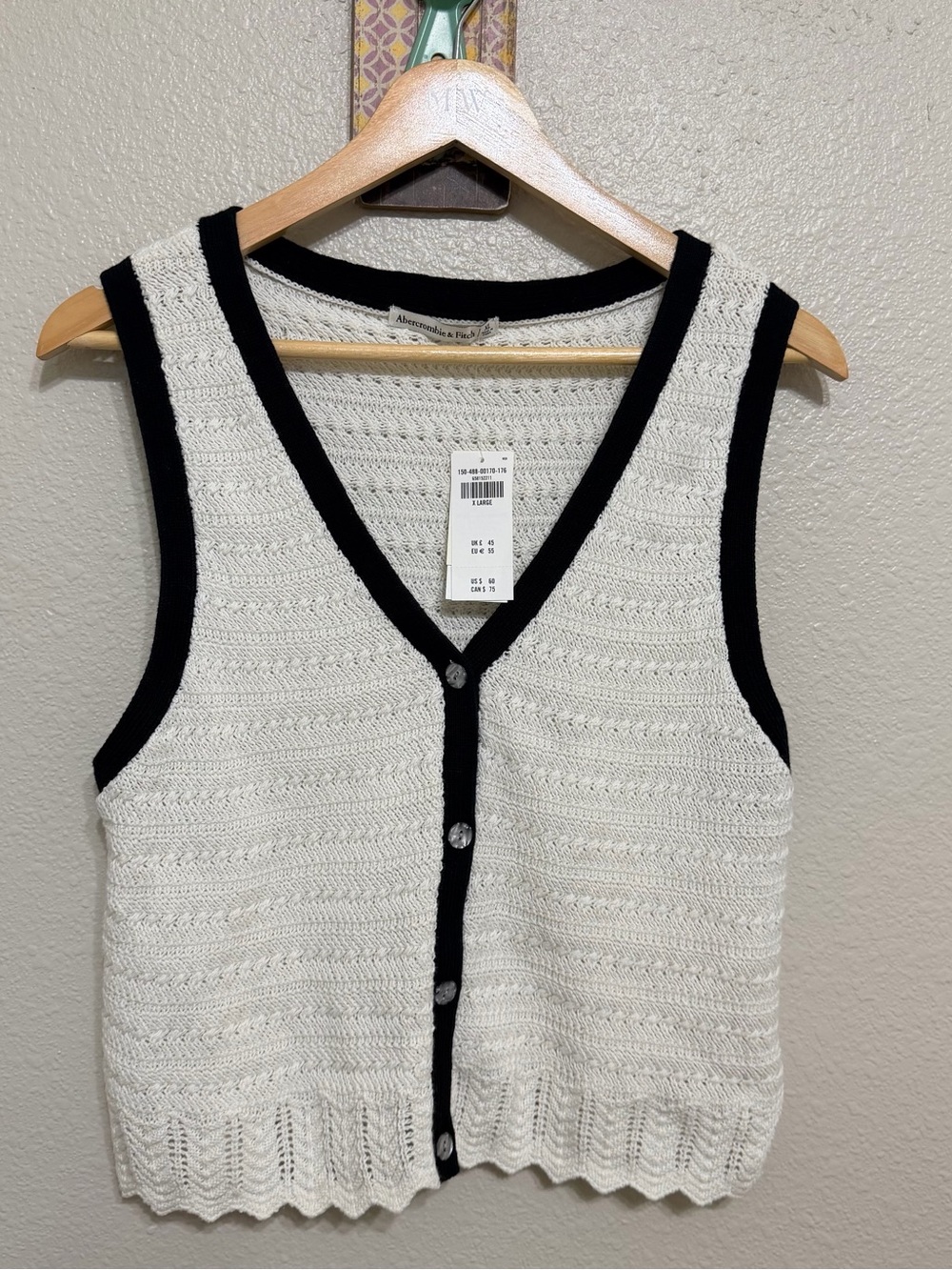Abercrombie & Fitch White Knit Button Front Tank with Black Trim